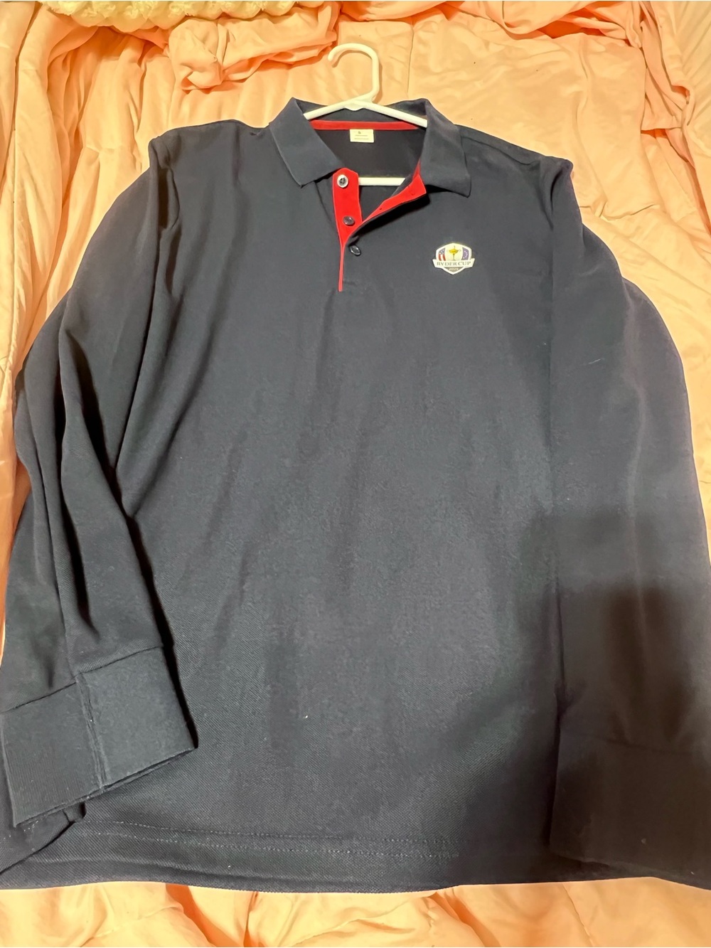 Men's Long-Sleeve Polo Shirt - Navy with Red Trim Size Small